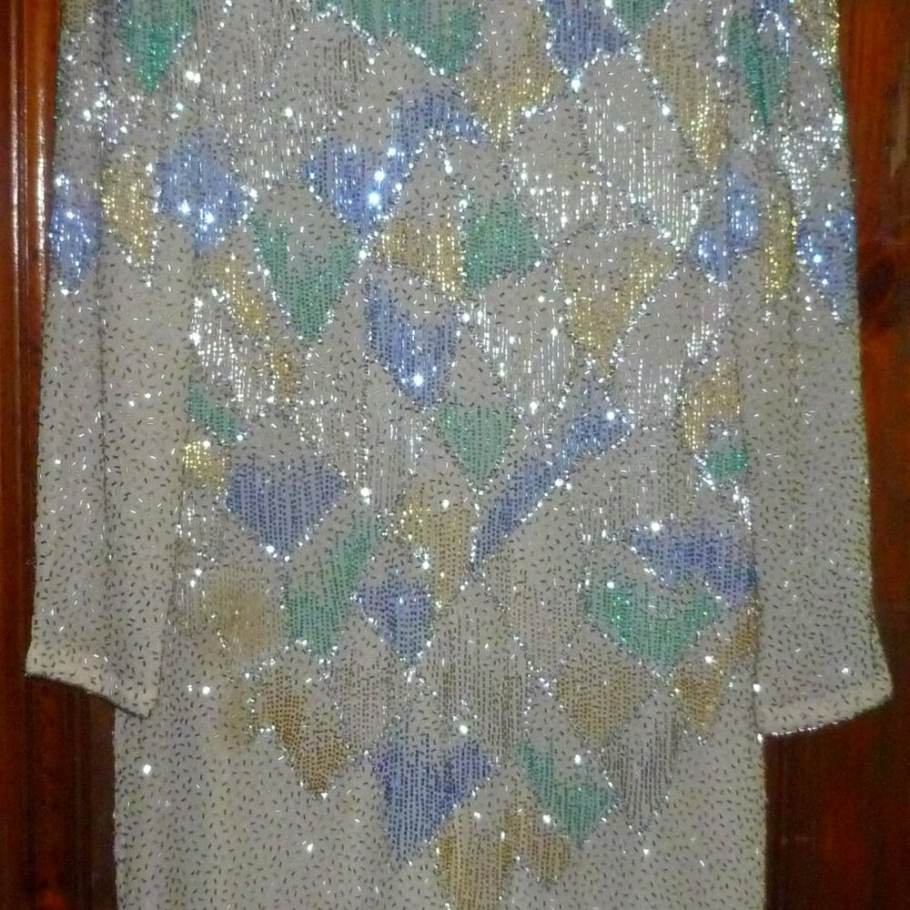 Vintage 80s Padded Shoulder Victoria Royal LTD Deco Heavy Beaded Cocktail Dress